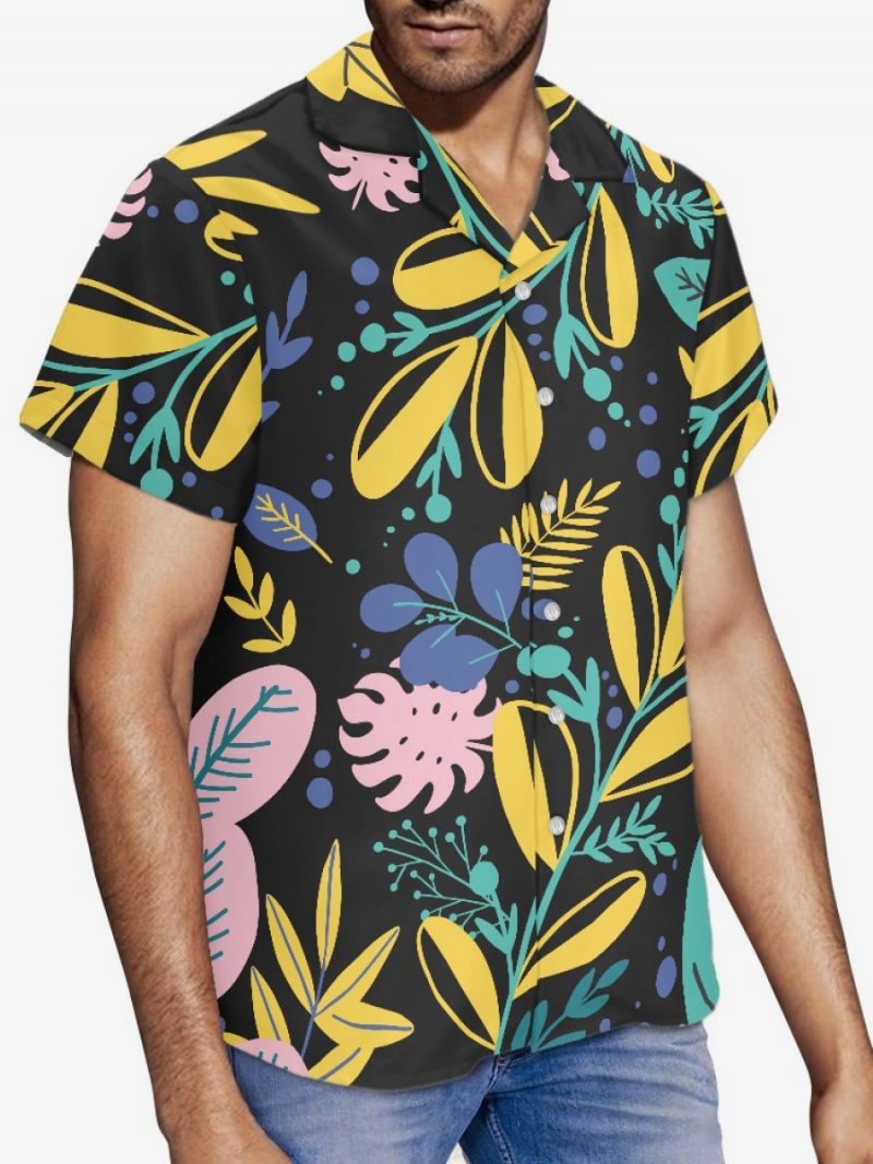 Miesten Lyhythihainen Hawaii Shirt Plant Printed Vacation Top - Musta