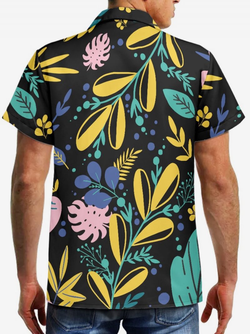 Miesten Lyhythihainen Hawaii Shirt Plant Printed Vacation Top - Musta