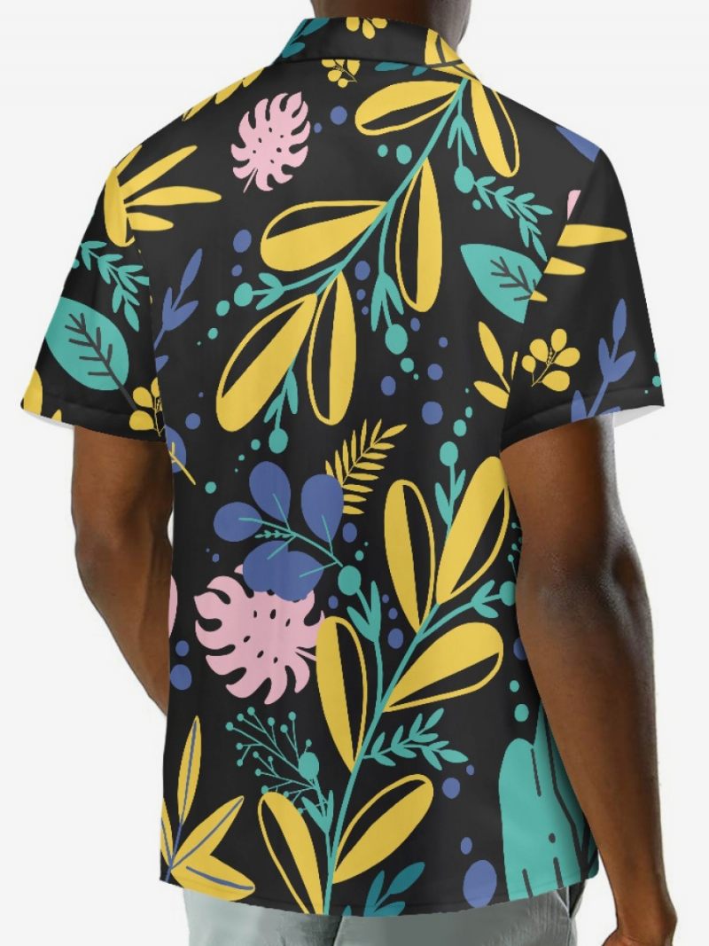 Miesten Lyhythihainen Hawaii Shirt Plant Printed Vacation Top - Musta