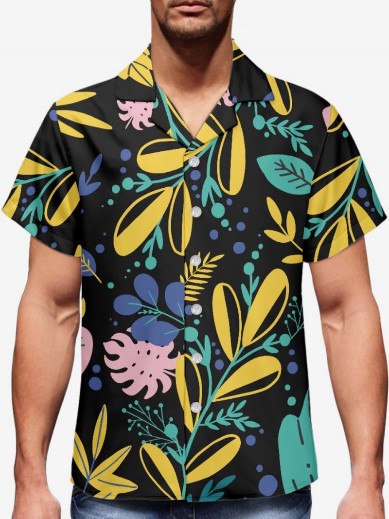 Miesten Lyhythihainen Hawaii Shirt Plant Printed Vacation Top - Musta