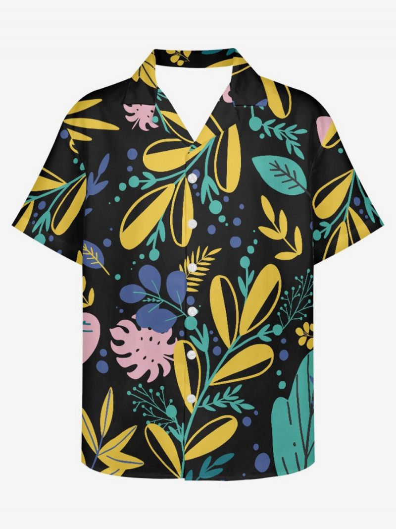 Miesten Lyhythihainen Hawaii Shirt Plant Printed Vacation Top - Musta