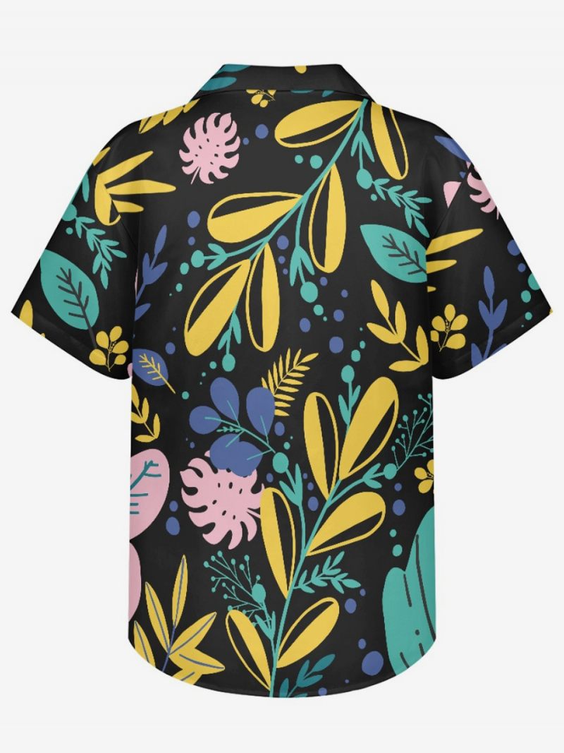 Miesten Lyhythihainen Hawaii Shirt Plant Printed Vacation Top - Musta