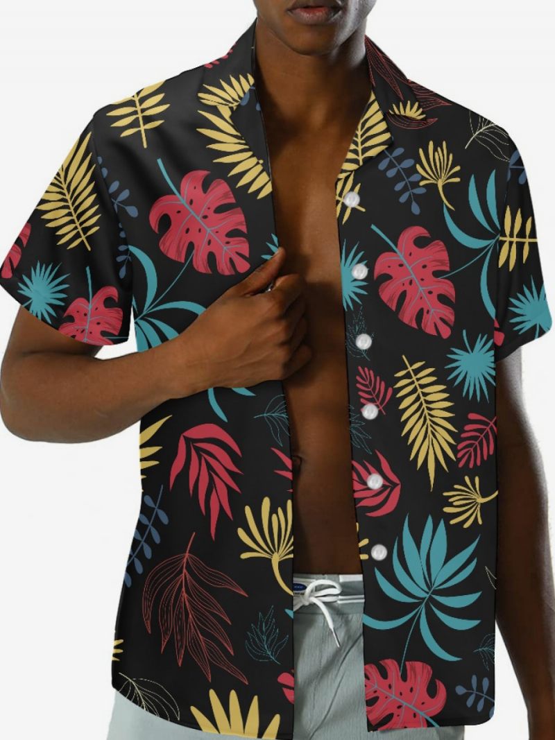 Miesten Lyhythihainen Rento Paita Musta Tropical Printed Hawaii Top