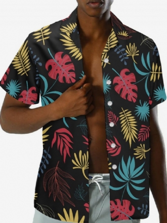 Miesten Lyhythihainen Rento Paita Musta Tropical Printed Hawaii Top