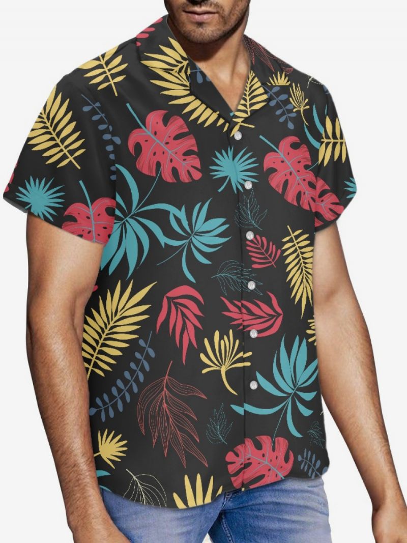 Miesten Lyhythihainen Rento Paita Musta Tropical Printed Hawaii Top - Musta