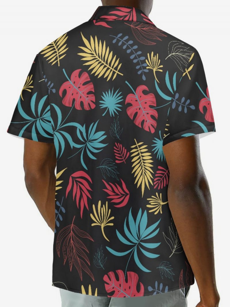 Miesten Lyhythihainen Rento Paita Musta Tropical Printed Hawaii Top - Musta