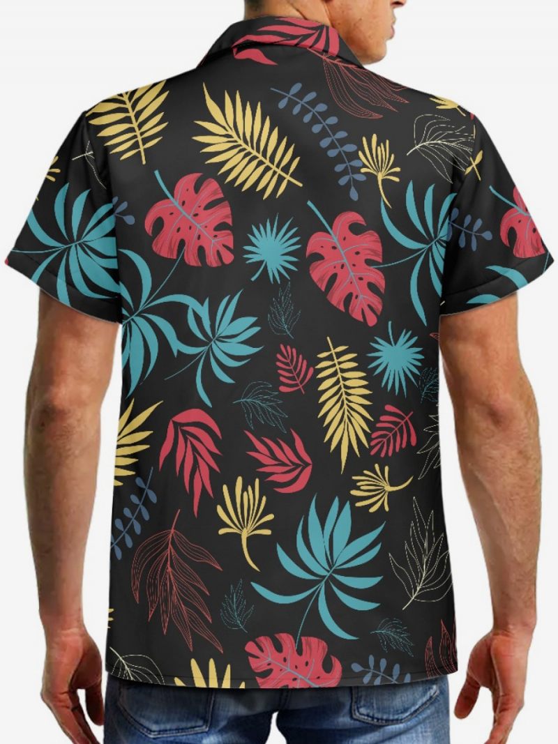 Miesten Lyhythihainen Rento Paita Musta Tropical Printed Hawaii Top - Musta