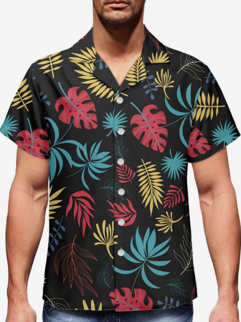 Miesten Lyhythihainen Rento Paita Musta Tropical Printed Hawaii Top - Musta