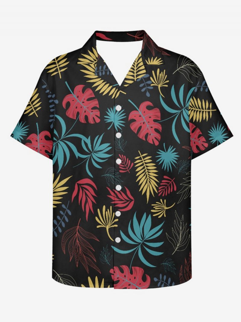 Miesten Lyhythihainen Rento Paita Musta Tropical Printed Hawaii Top - Musta