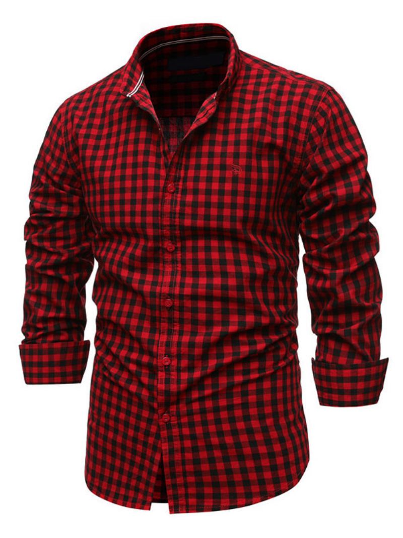 Miesten Vapaa-ajan Paita Turndown Collar Chic Plaid Red Paidat - Burgundy