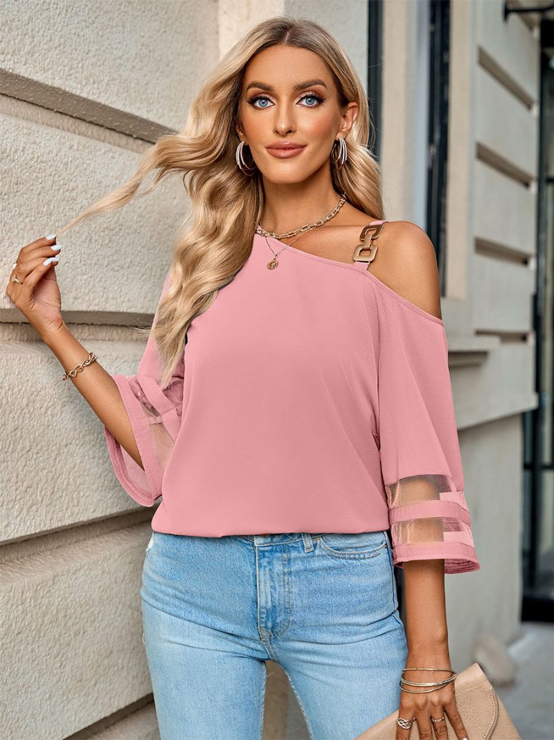 Half Sleeves T-paidat Sininen Harmaa One-shoulder T-paita Naisille - Pink