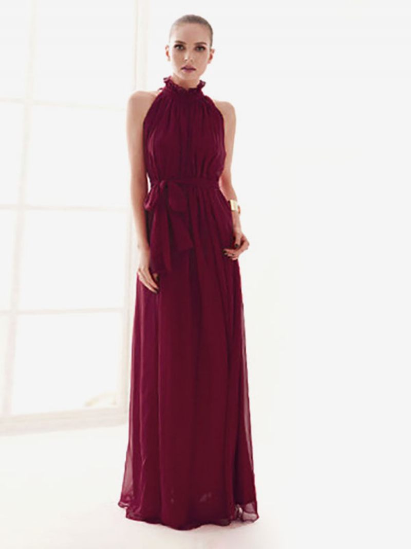 Naisten Riimu Sundress Jewel Neck Lace Up Chiffon Beach Prom Maxi Mekot - Burgundy