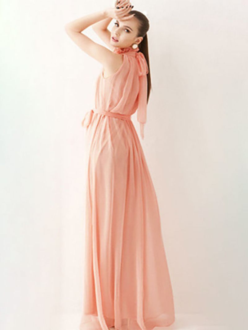 Naisten Riimu Sundress Jewel Neck Lace Up Chiffon Beach Prom Maxi Mekot - Pink