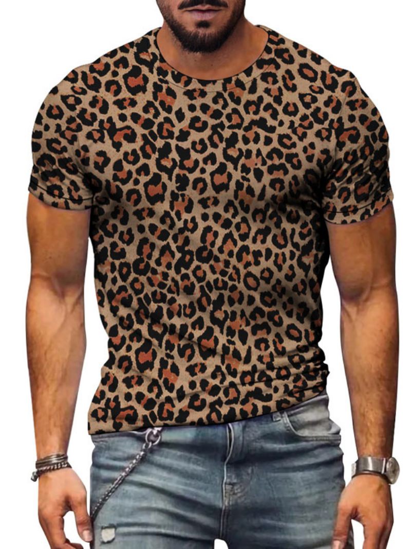 Miesten T-paidat Casual Jewel Neck Leopard Print Lyhythihaiset - Kahvinruskea