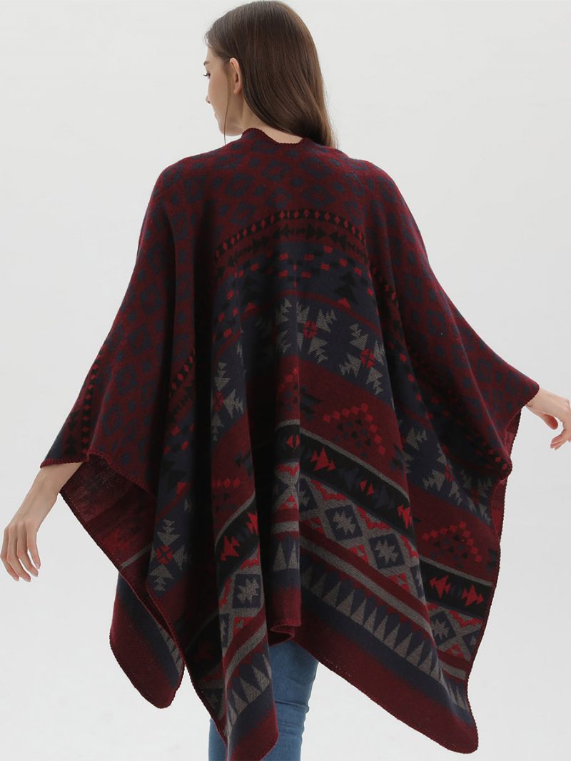 Boheemin Naisten Niemi Geometrinen Ylisuuri Syksyn Talviponcho - Burgundy