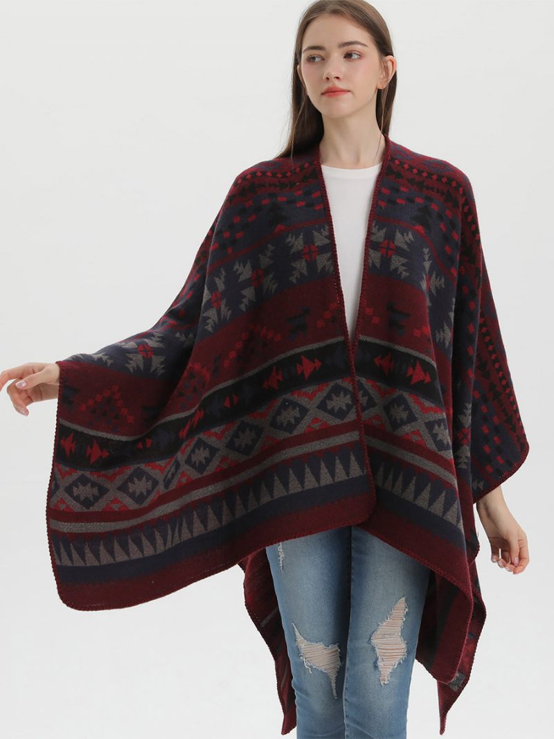 Boheemin Naisten Niemi Geometrinen Ylisuuri Syksyn Talviponcho - Burgundy