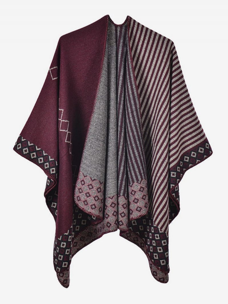 Naiset Cape Geometric Color Block Daily Casual Syksy Talvi Poncho - Burgundinen