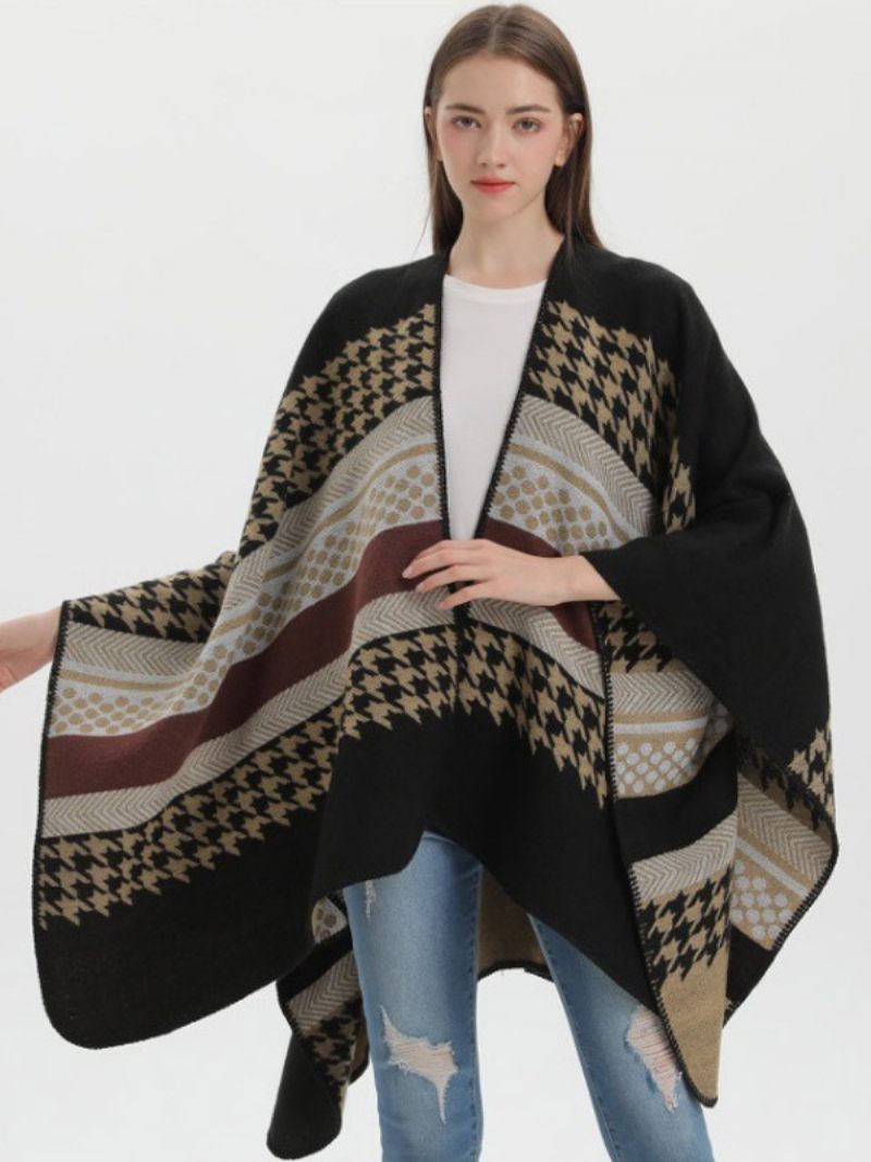 Naiset Cape Plaid Color Block Daily Casual Syksy Talvi Poncho - Musta