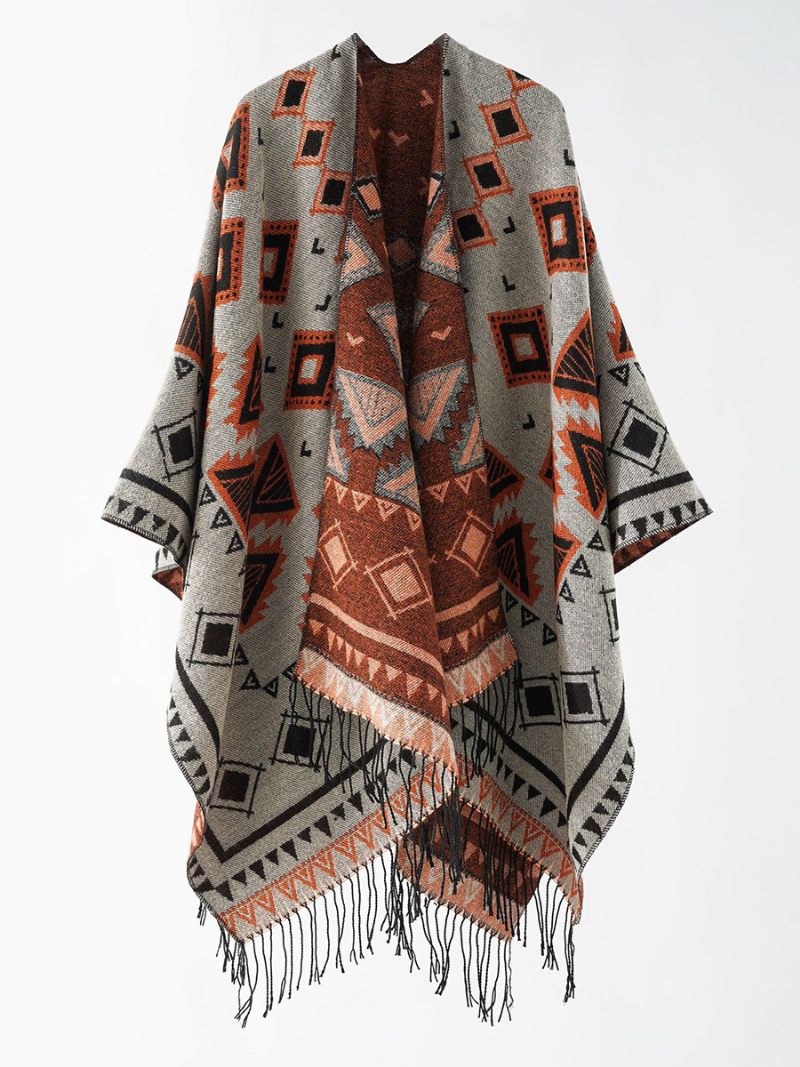 Naisten Geometrinen Printti Poncho Daily Casual -viitta Hapsuilla - Harmaa