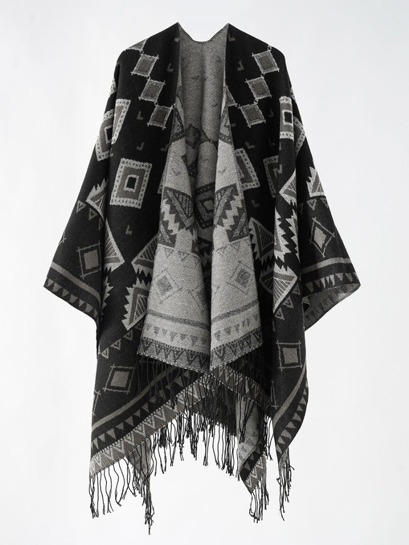 Naisten Geometrinen Printti Poncho Daily Casual -viitta Hapsuilla - Musta