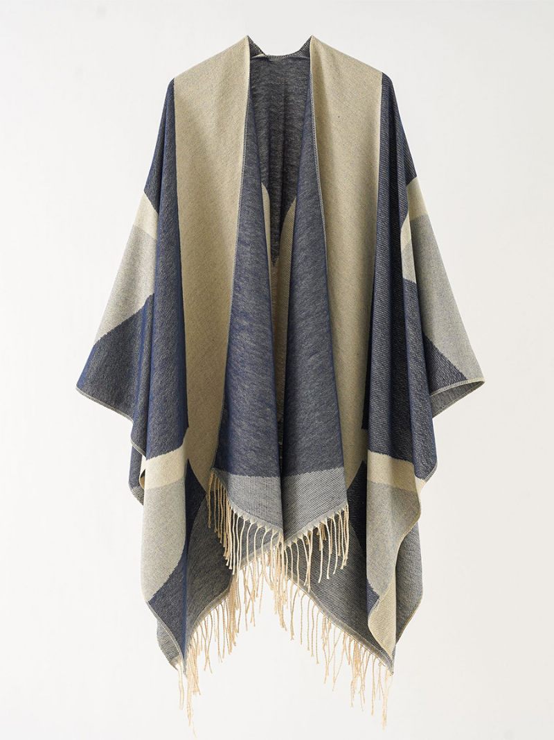 Naisten Kaksisävyinen Viitta Daily Causal Poncho Hapsuilla - Dark Navy