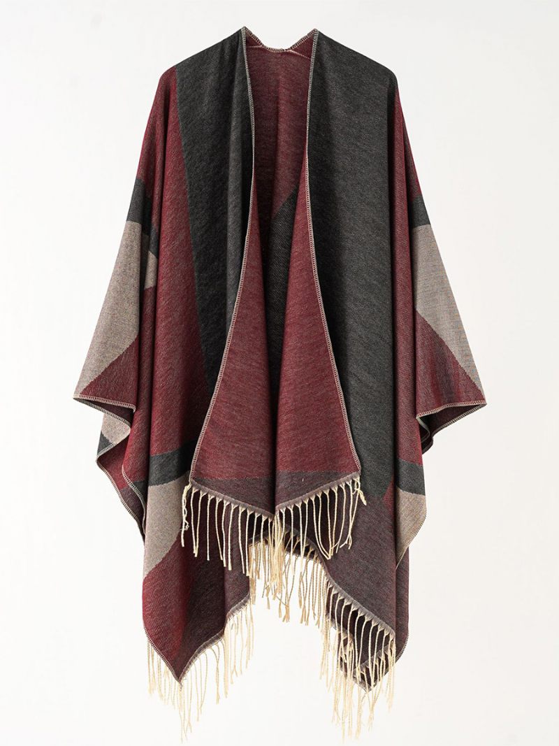 Naisten Kaksisävyinen Viitta Daily Causal Poncho Hapsuilla - Burgundy