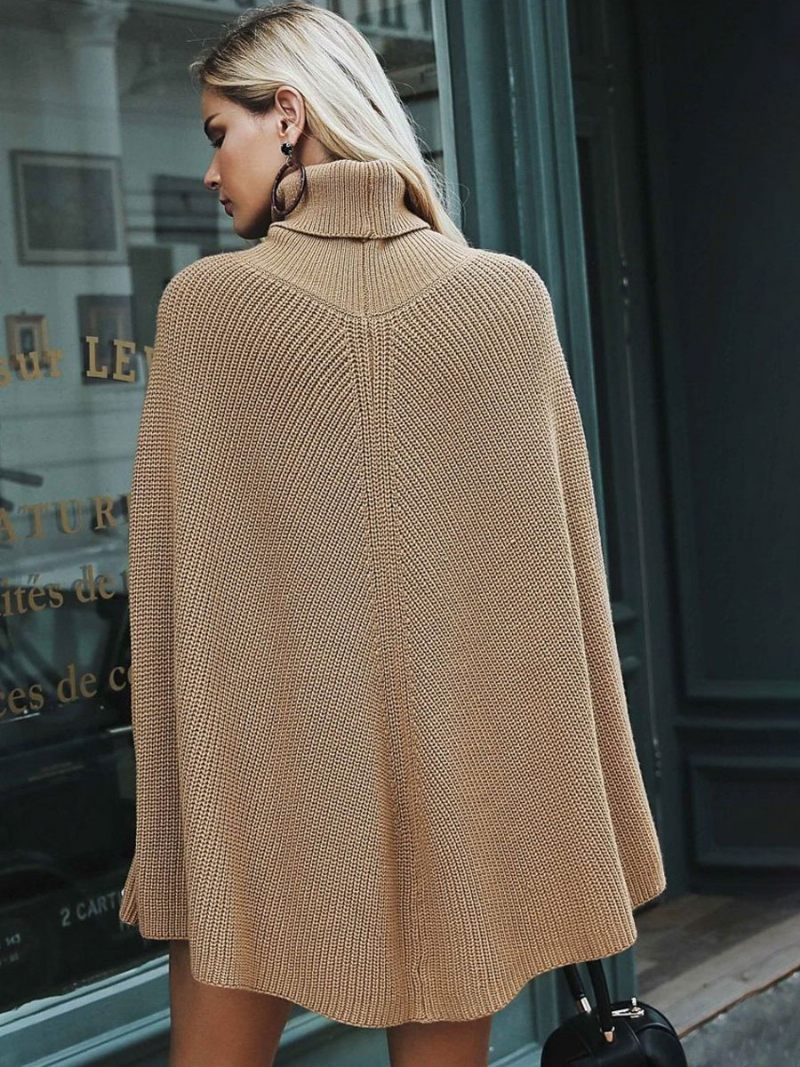 Naisten Neulottu Poncho-turtleneck Musta Rento Fall Cape - Kameli