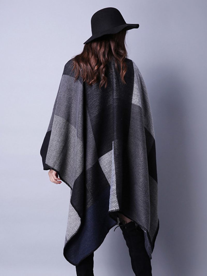 Naisten Poncho Color Block Musta Epäsäännöllinen Lämpöä Suojaa Ylisuuri Piping Cape - Musta