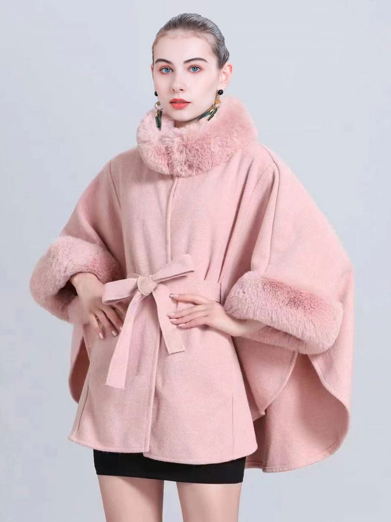 Naisten Poncho High Collar Vaaleanharmaa Ylisuuri Tekoturkisviitta - Pink