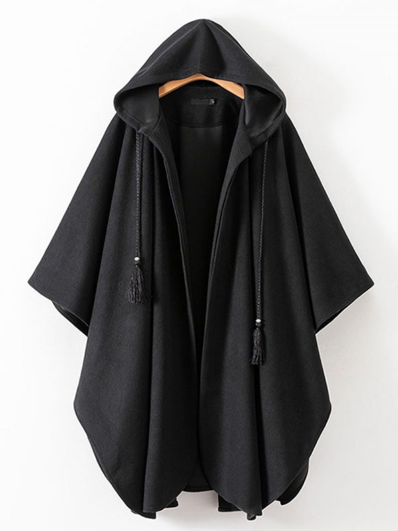 Naisten Poncho Hooded Black Ylimitoitettu Tupsut Cape