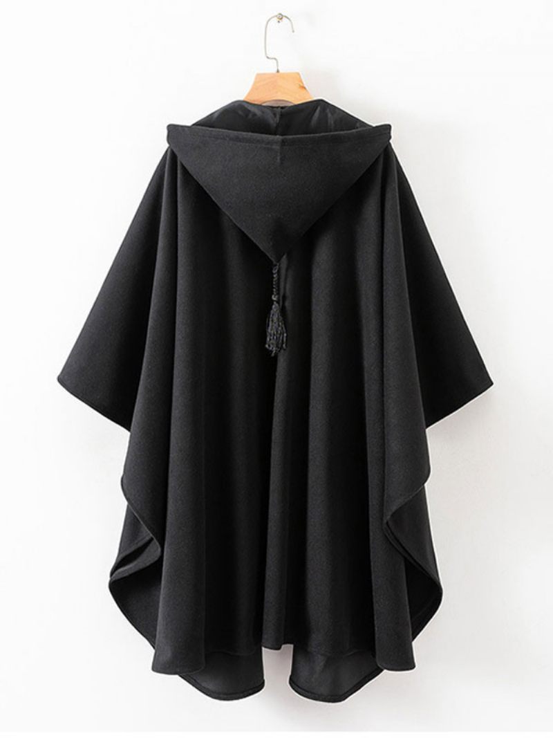 Naisten Poncho Hooded Black Ylimitoitettu Tupsut Cape - Musta