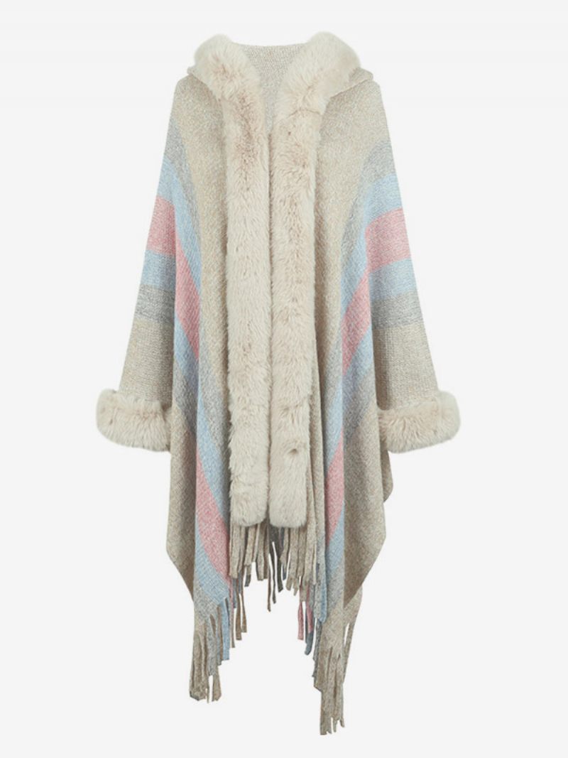 Naisten Poncho Hooded Stripes Tupsu Trim Oversized Fall Winter Cape - Vaaleankeltainen