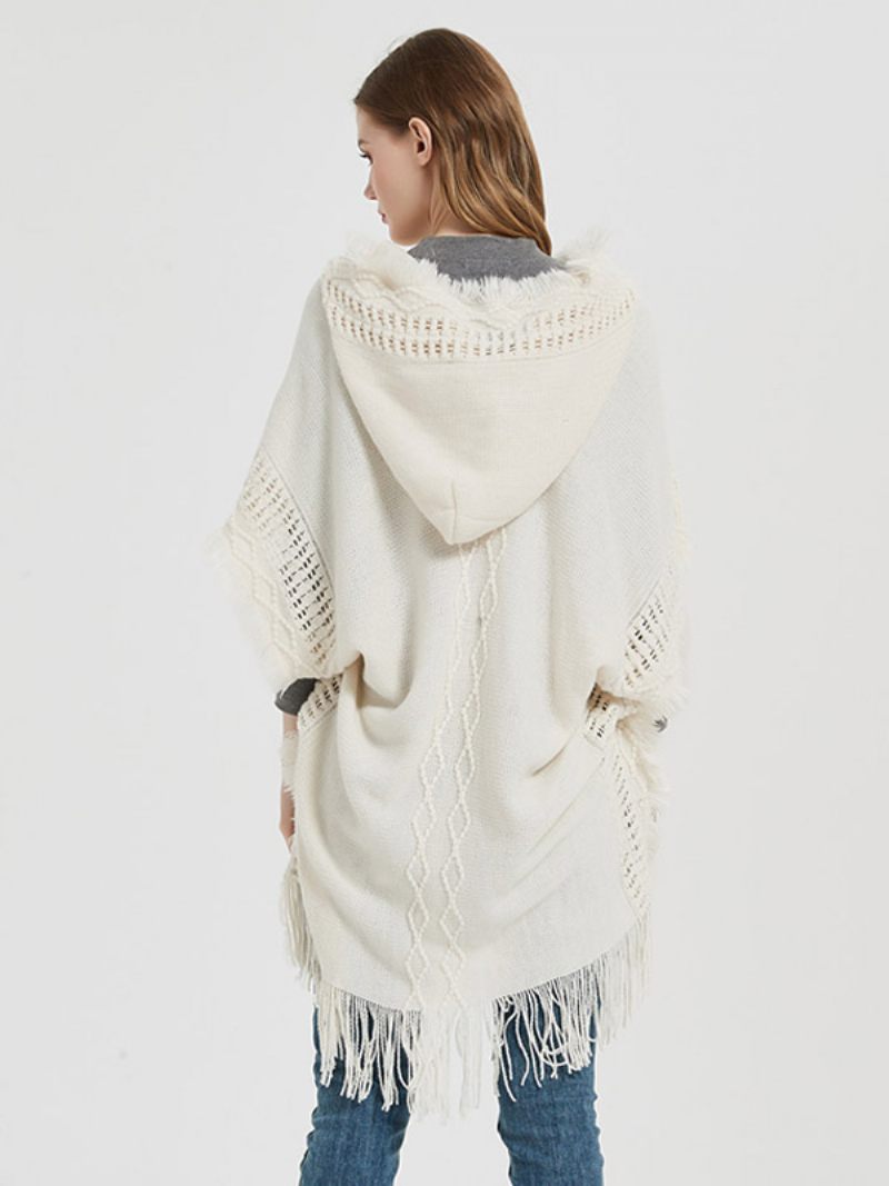 Naisten Poncho-hupullinen Hallow-hapsukoristeinen Ylisuuri Neulottu Viitta - Beige