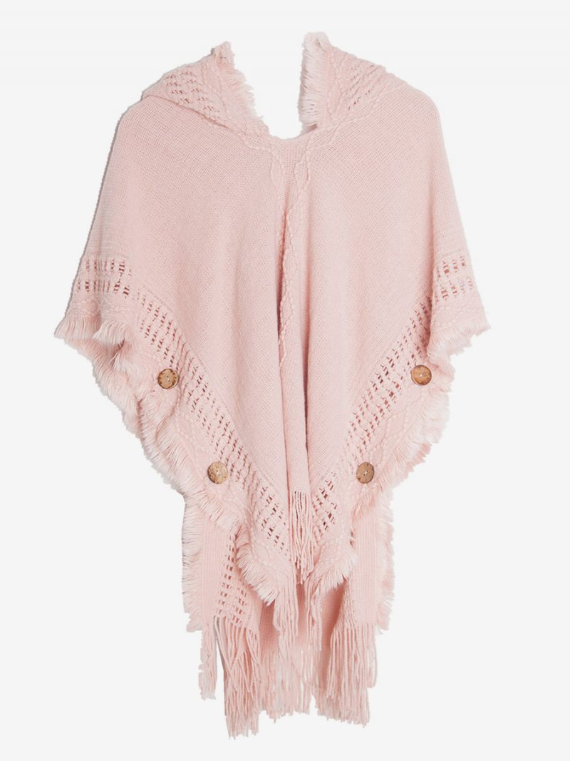 Naisten Poncho-hupullinen Hallow-hapsukoristeinen Ylisuuri Neulottu Viitta - Pink