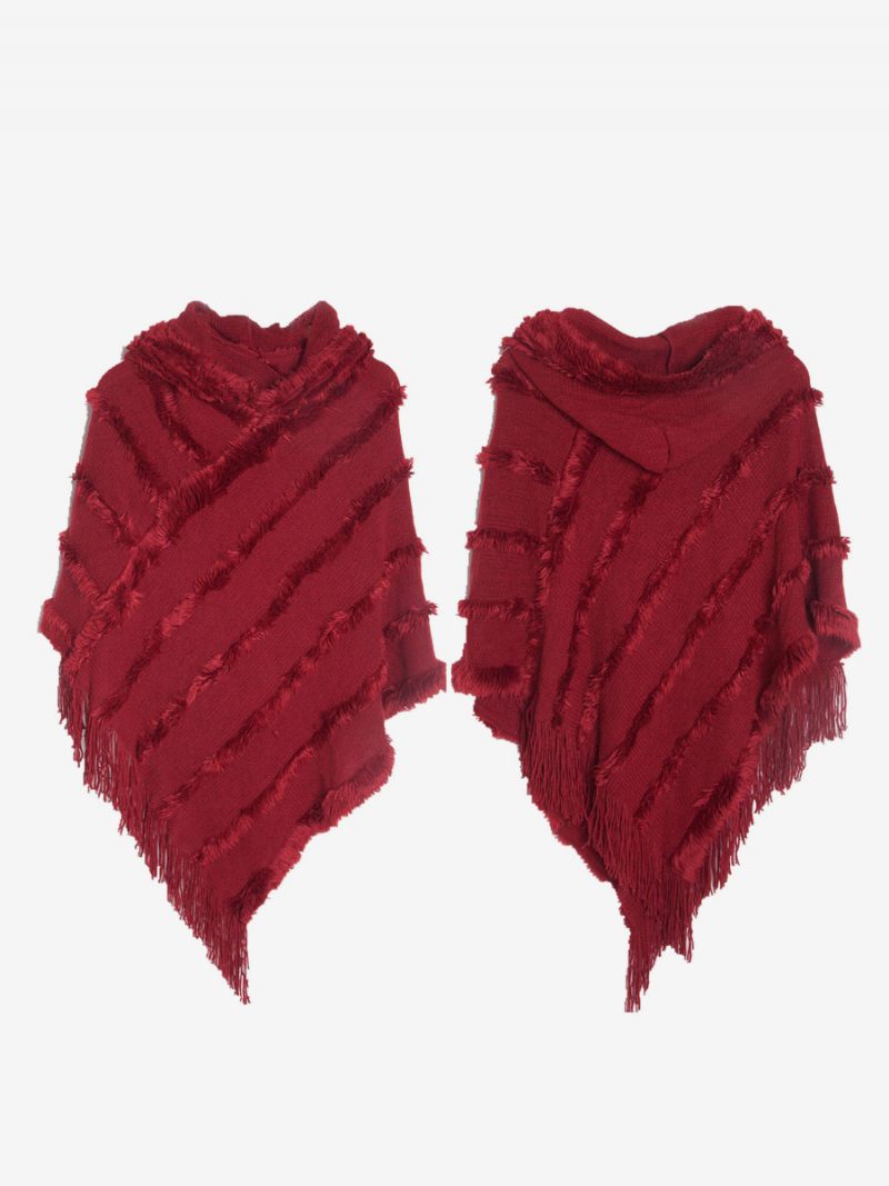 Naisten Poncho-hupullinen Vihreä Ylisuuri Hapsuviitta - Burgundy