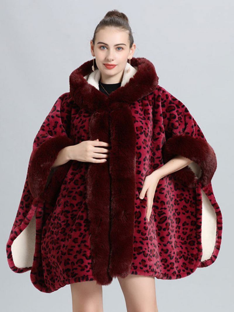 Naisten Poncho-takki Leopard-hupullinen Talvipäällysvaatteet - Burgundy