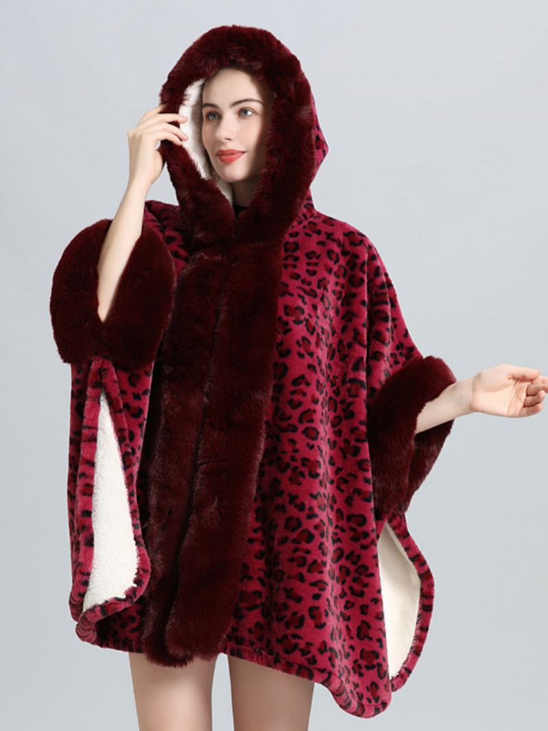 Naisten Poncho-takki Leopard-hupullinen Talvipäällysvaatteet - Burgundy