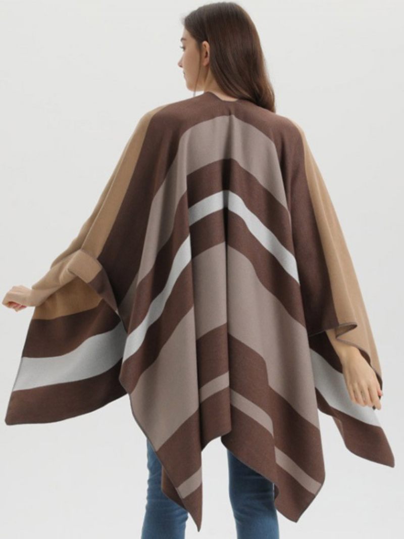 Ylisuuret Naiset Cape Stripes Color Block Syksy Talvi Poncho - Kahviruskea