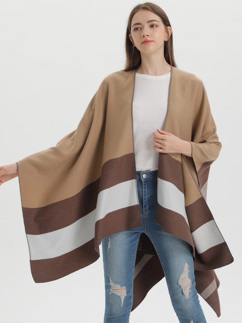 Ylisuuret Naiset Cape Stripes Color Block Syksy Talvi Poncho - Kahviruskea