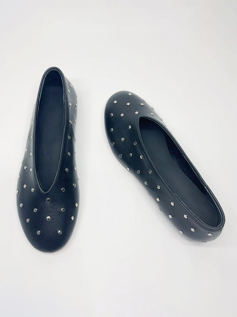 Black Ballerina Flats Naisten Pyöreä Toe Helmillä Slip On Ballet - Musta