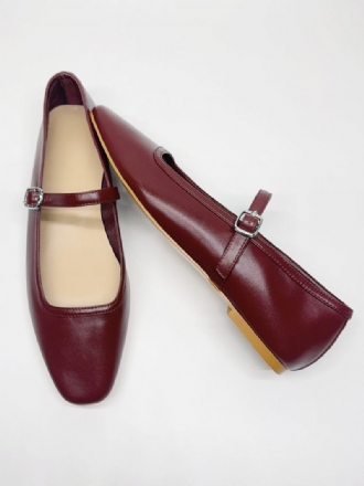 Naisten Burgundy Ballet Flats Neliömäinen Toe Solki Yksityiskohta Vintage Ballerina