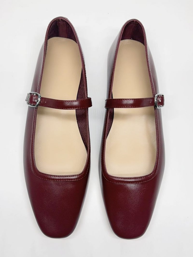 Naisten Burgundy Ballet Flats Neliömäinen Toe Solki Yksityiskohta Vintage Ballerina - Burgundinen