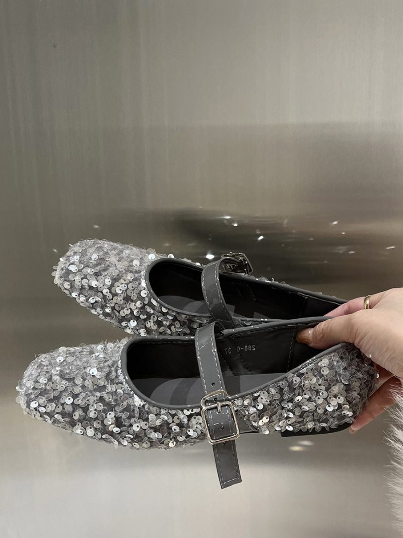 Naisten Glitter Ballerina Flats Square Toe Mary Jane -juhlakengät