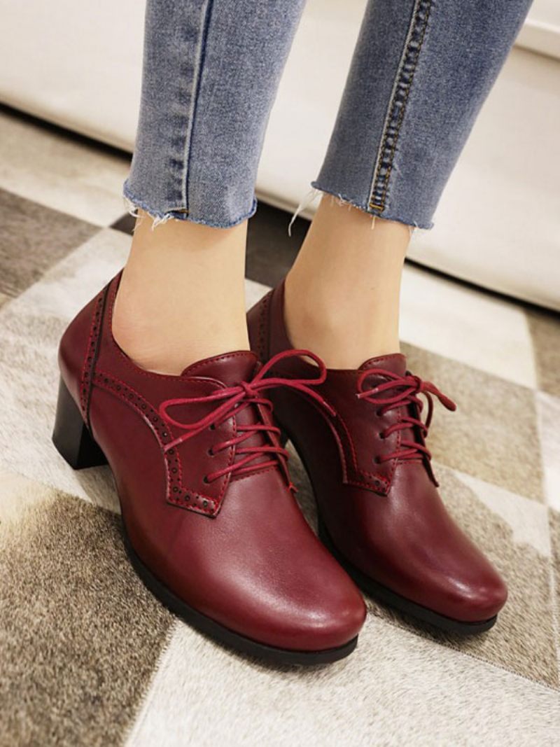 Naisten Lace Up Brogues Block Heel - Burgundy