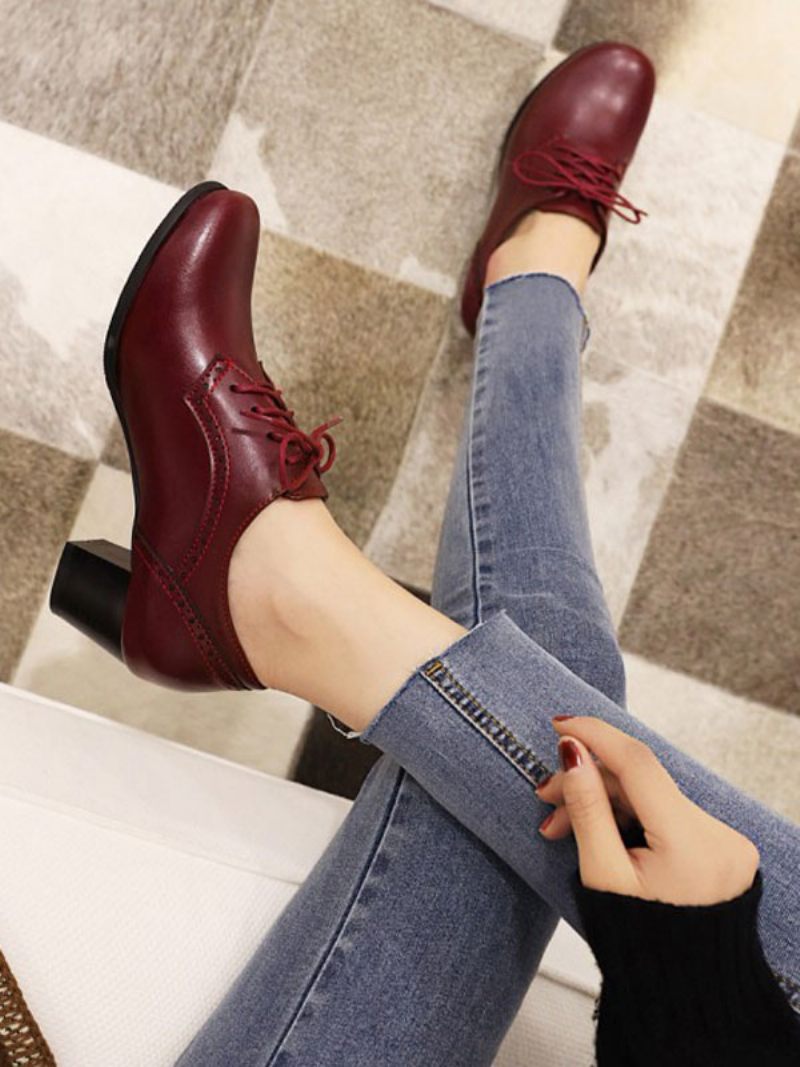 Naisten Lace Up Brogues Block Heel - Burgundy