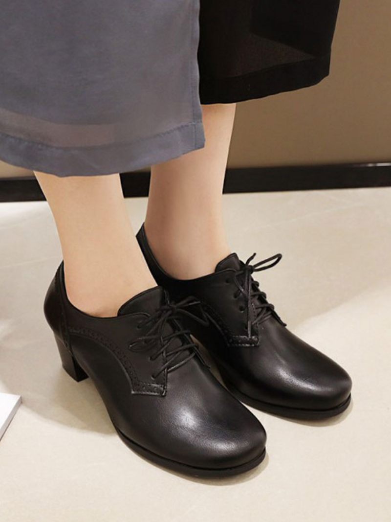 Naisten Lace Up Brogues Block Heel - Musta