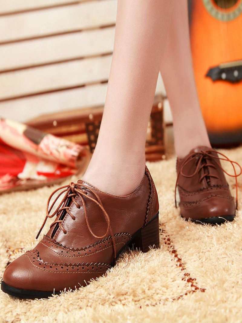 Naisten Lace Up Brogues Block Heel - Kahvinruskea