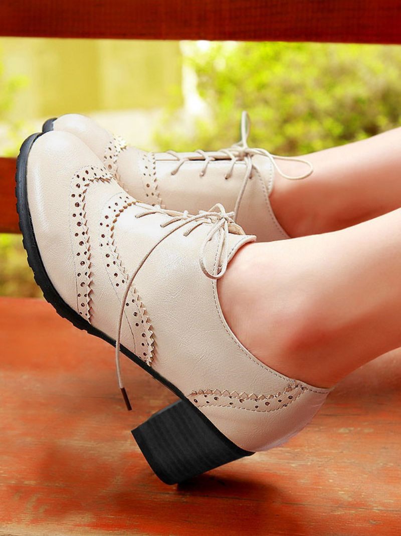 Naisten Lace Up Brogues Block Heel - Beige