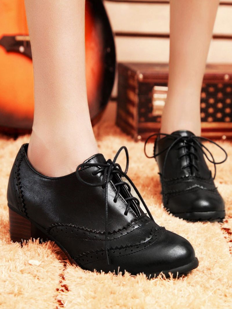 Naisten Lace Up Brogues Block Heel - Musta