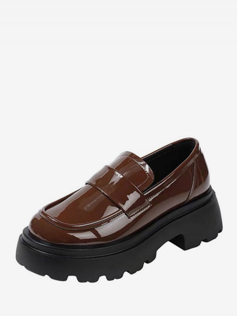 Naisten Musta Pyöreä Toe Paksu Kantapää Slip On Loafers - Kahvinruskea